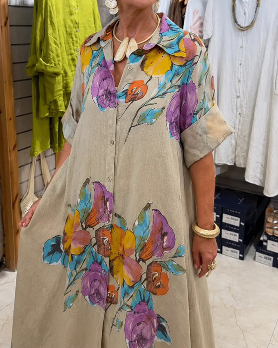Watercolor Big Floral Print Lapel Long Dress