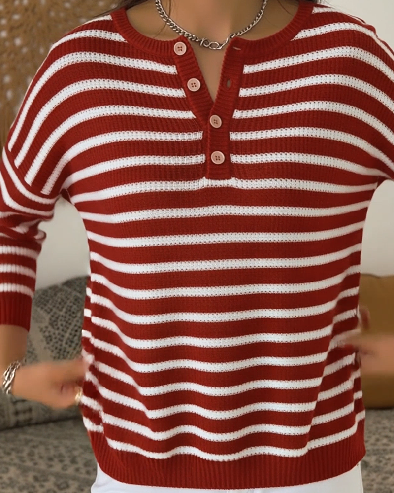 Striped Half-Open Buttoned Pullover