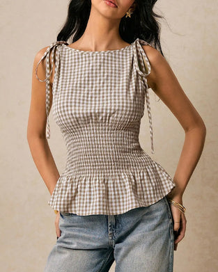 Sleeveless Plaid Tie Waist Blouse