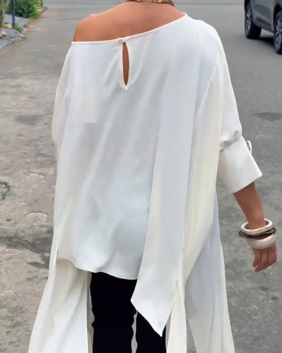 Asymmetric Neck Irregular Slit Elbow-Length Sleeve Blouse