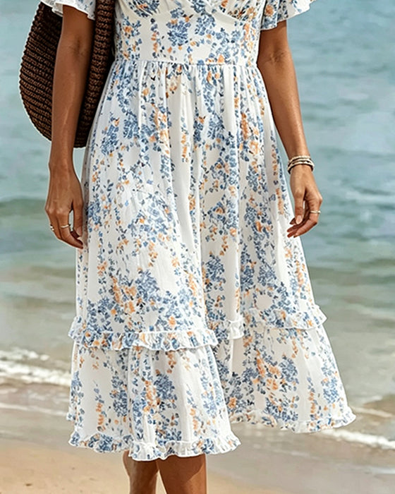 Floral Ruffle V-Neck Patchwork Dress