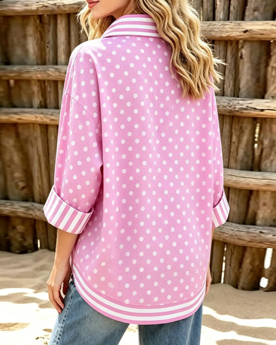 Lapel Half Placket Pink Patchwork Shirt