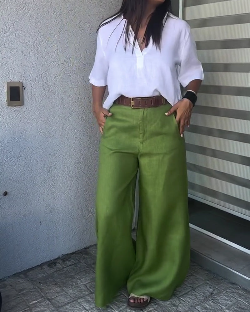 Green High-Waisted Wide-Leg Linen Pants