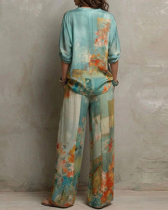 V-Neck Floral Blouse + Straight-Leg Pants Set
