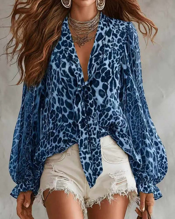 Sheer Leopard V‑Neck Long‑Sleeve Shirt
