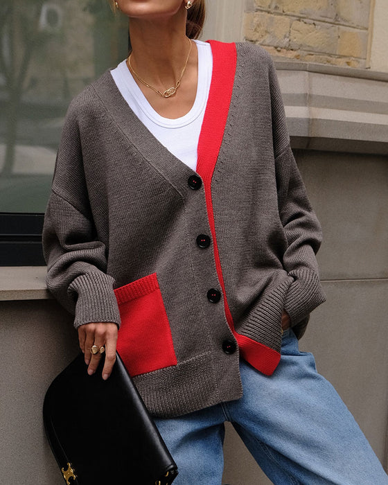 Contrast V-Neck Button-Down Cardigan