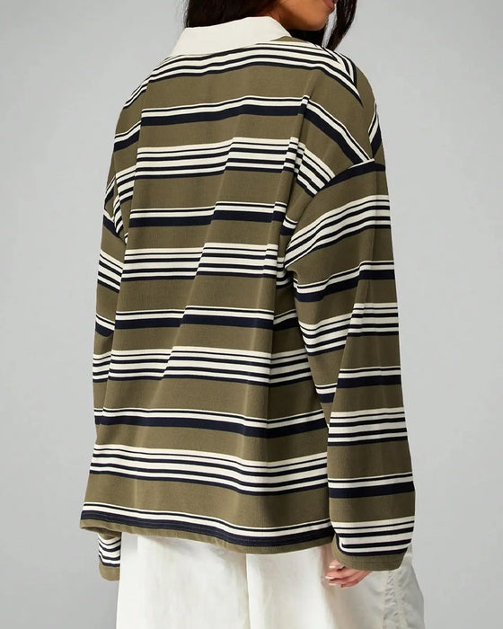 Striped Collared Drop-Shoulder Loose Blouse