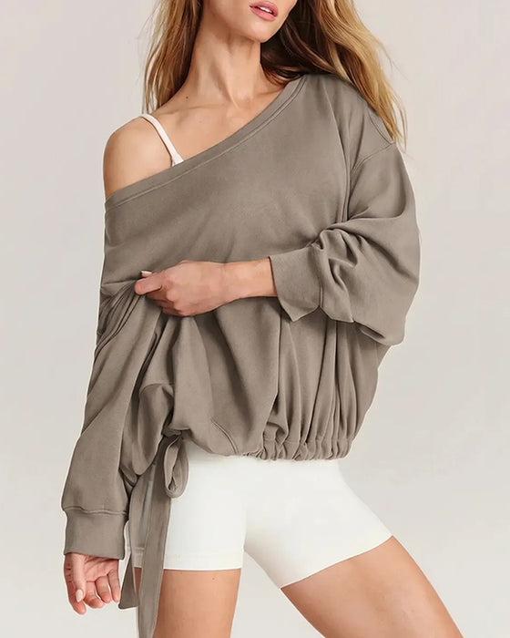 One-Shoulder Drawstring Loose Sweatshirt