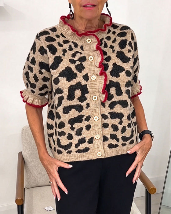 Ruffled Short-Sleeve Leopard Print Pullover