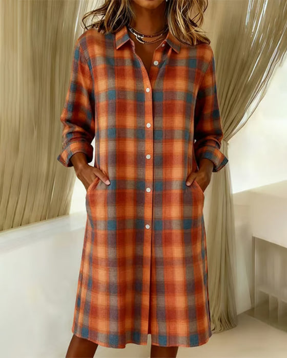 Lapel Plaid Button-Down Shirt Dress