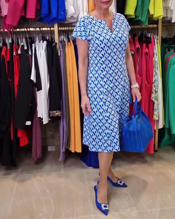 Printed V-neck short-sleeve elegant dress