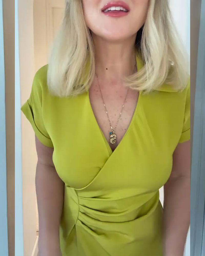 Lapel Solid Color Pleated Waist Dress