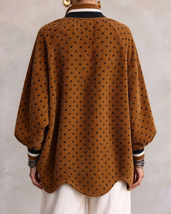 Polka Dot Corduroy Half-Zip Loose Blouse