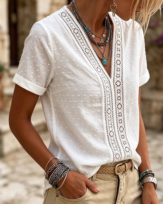V-Neck Diamond Cutout 3D Floral Solid Blouse