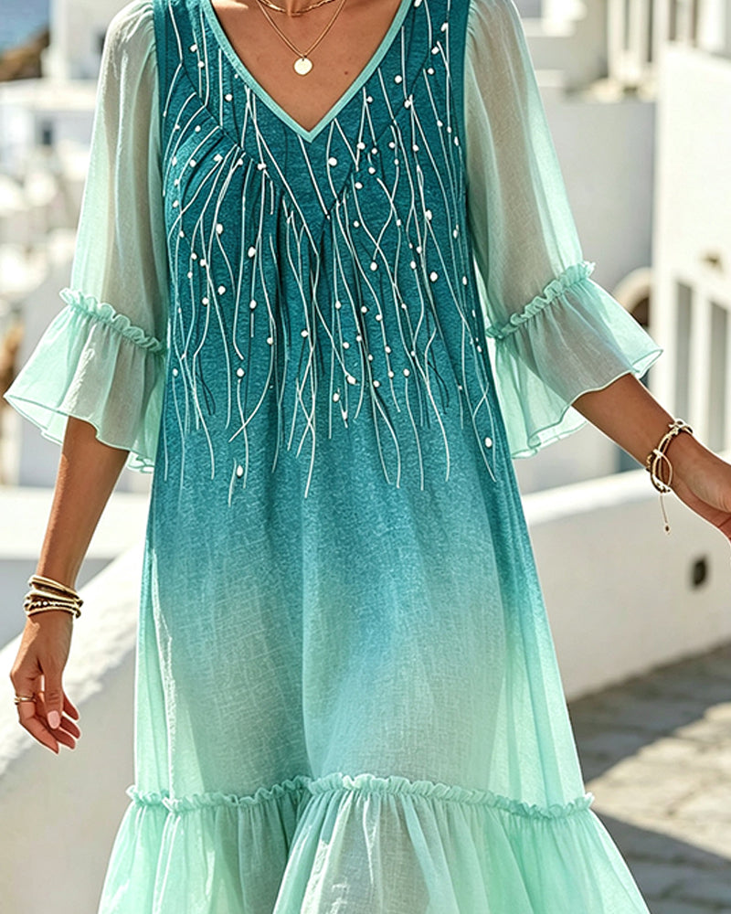 V-Neck Ombre Ruffle Hem Dress