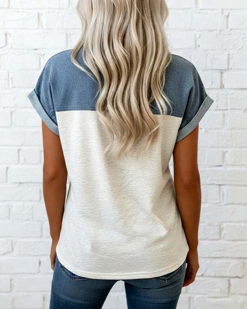 Button-Down Patchwork Turn-Down Collar T-Shirt