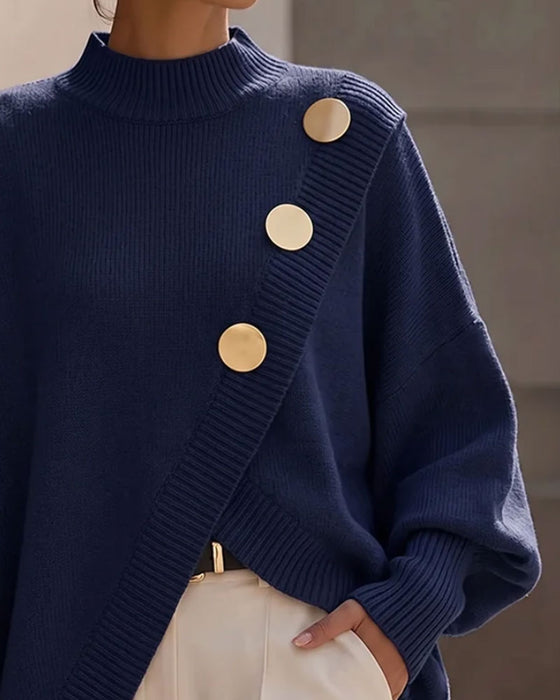 High Neck Buttoned Crossover Irregular Pullover