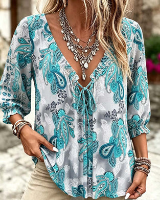 Paisley V-Neck Tie Blouses