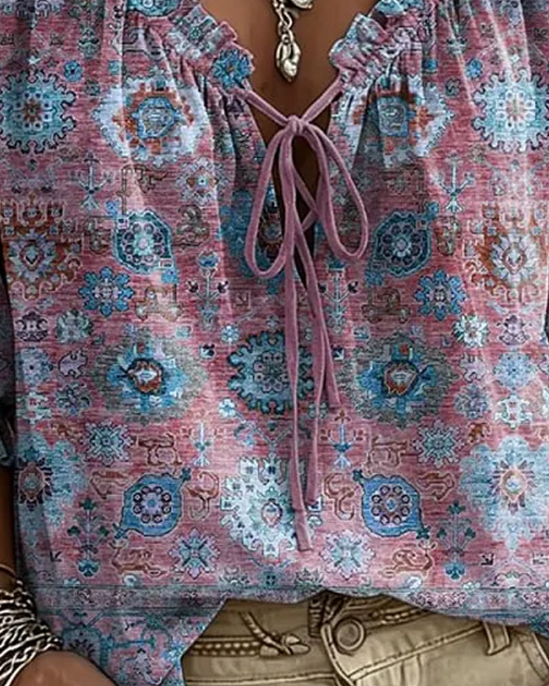V-Neck Tie Vintage Print Blouse