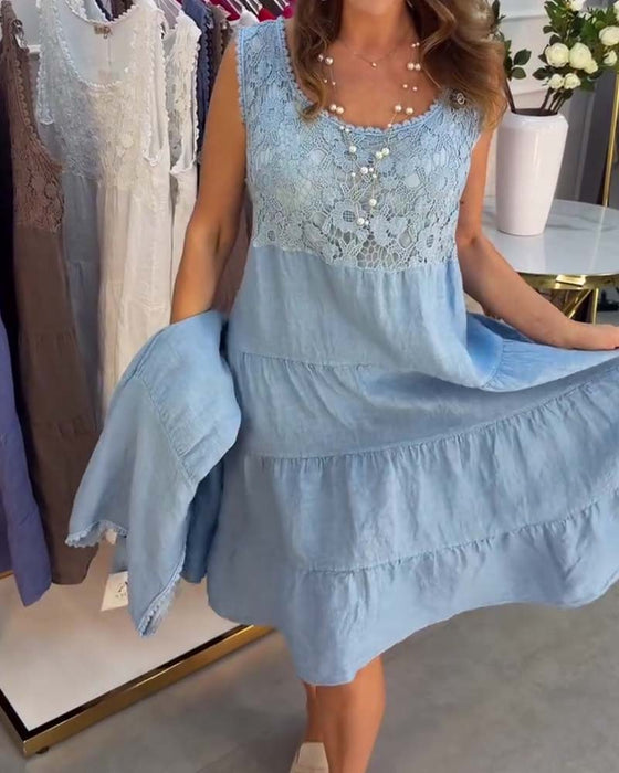 Crew Neck Sleeveless Lace Tiered Dress