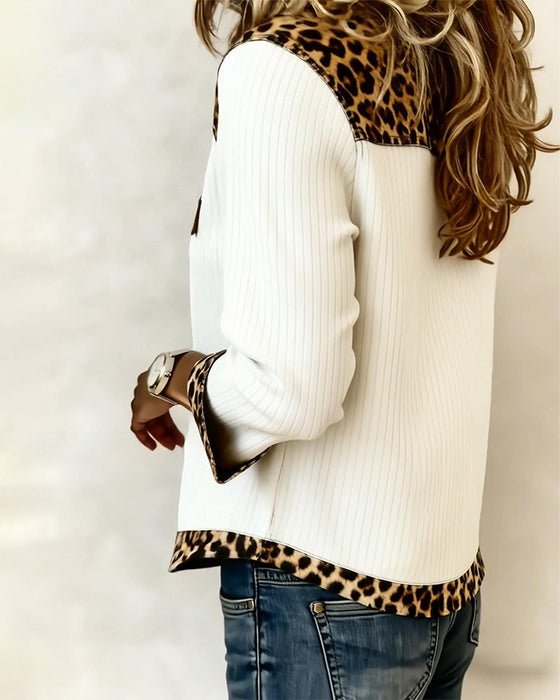 Leopard V-Neck Patchwork Long Sleeve Top