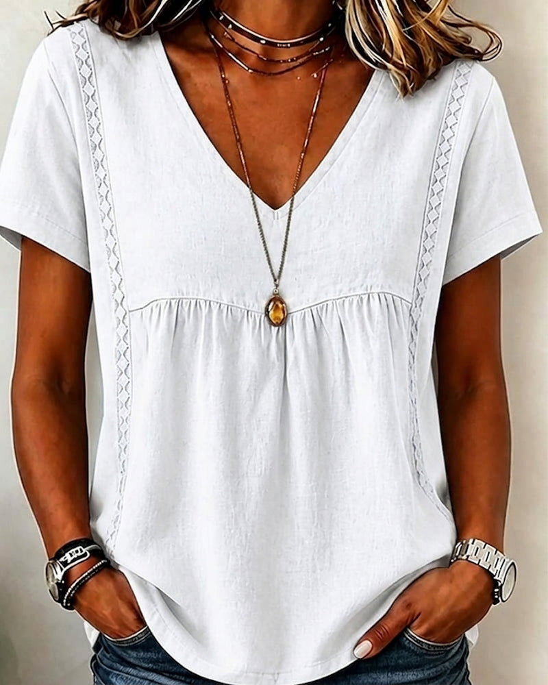 V-Neck Shirred Short Sleeve Blouse