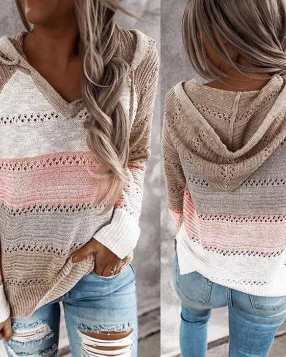 Color Block Cutout Hooded Knit Pullover