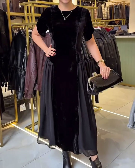 Round Neck Pleated Slim Fit Large Skirt Dress