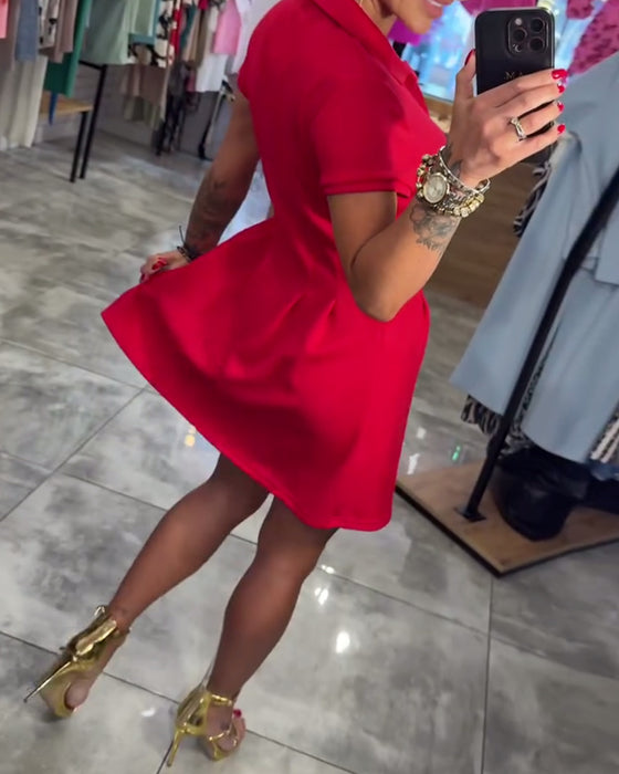 Lapel Short Sleeve Pleated A-Line Dress