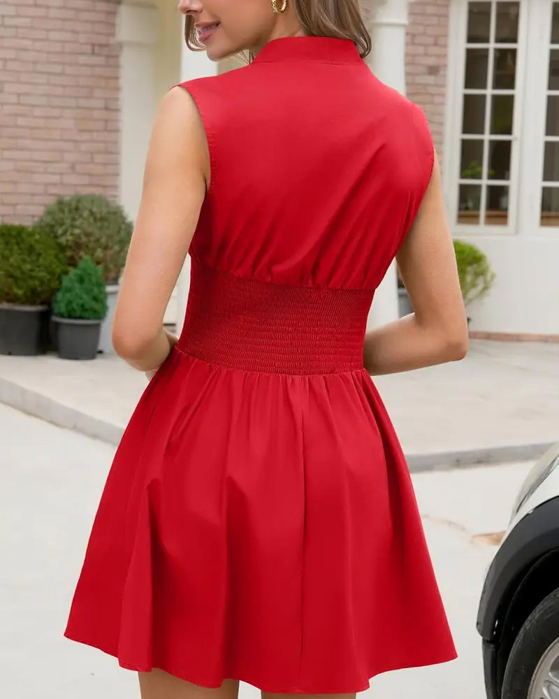 V-Neck Zipper Cinched Waist Sleeveless Dress
