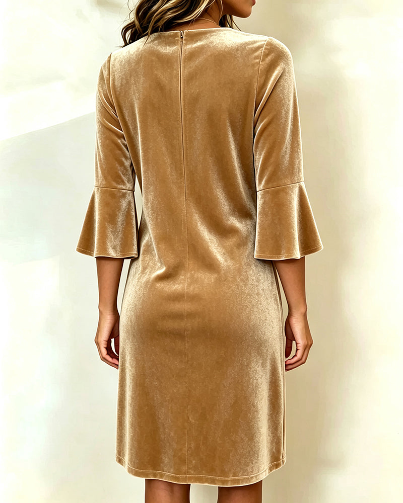 Velvet V-Neck Flare Elbow-Length Sleeve Shift Dress