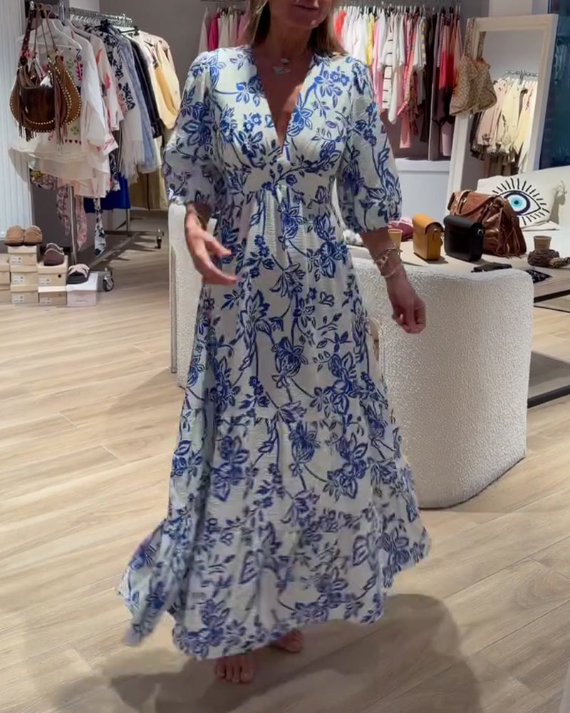 Deep V-Neck Elegant Floral Long Dress