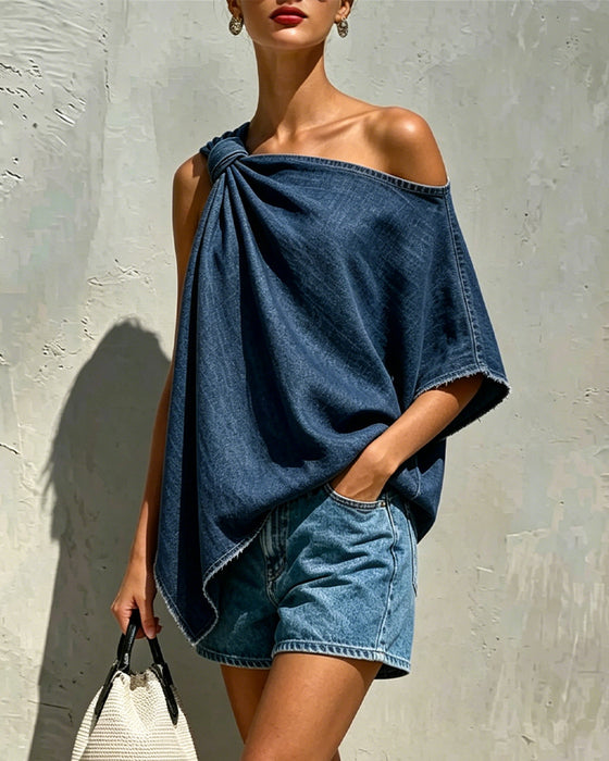 Denim Kink One Shoulder Blouse