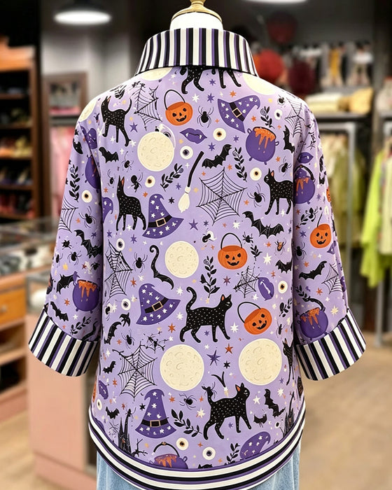 Lapel Button Stripe Halloween Blouse