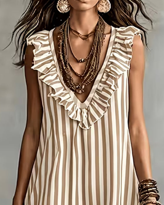 Striped Ruffle V-Neck Sleeveless Dress