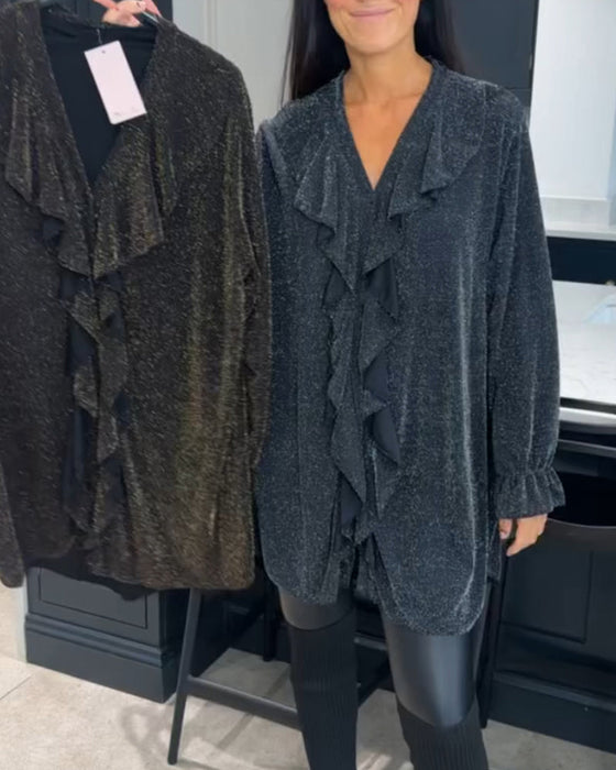 Spliced ruffled v-neck top