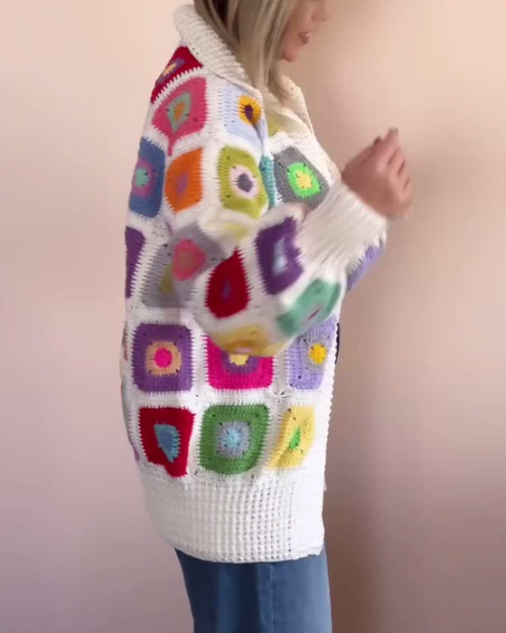 Lapel colorful square print cardigan