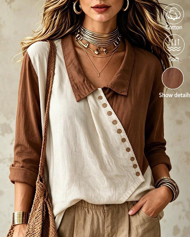 Patchwork Button Color-Block Shirt