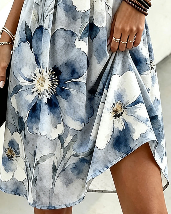 Ruffle Trim Tie-Dye Floral Waist Dress