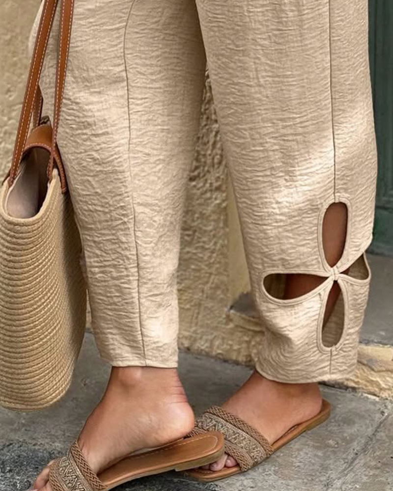Textured Floral Pattern Cut-Out Hem Casual Pants