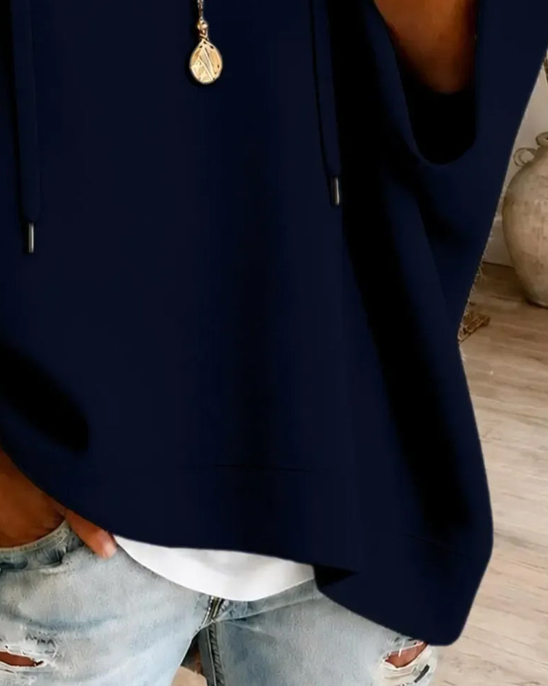 Three-Quarter Sleeve Drawstring Hooded Sweatshirt