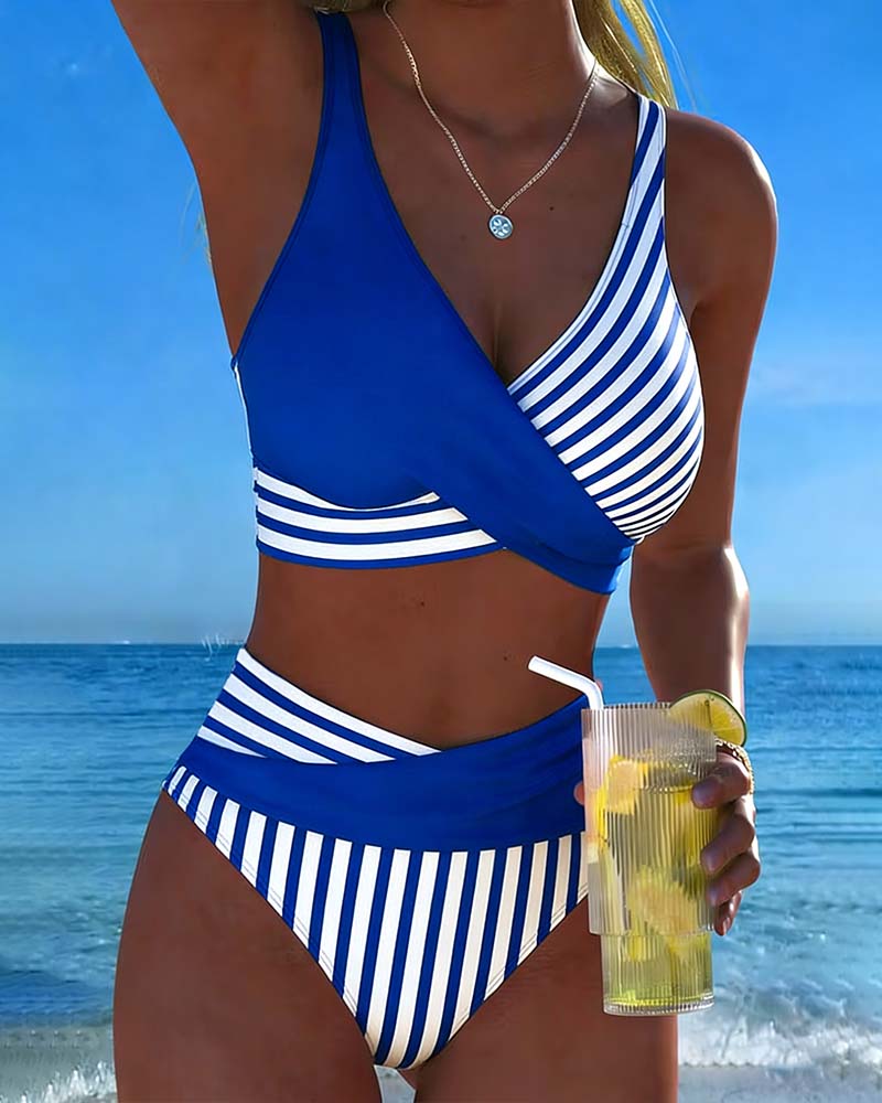 Crisscross Striped Print Bikini
