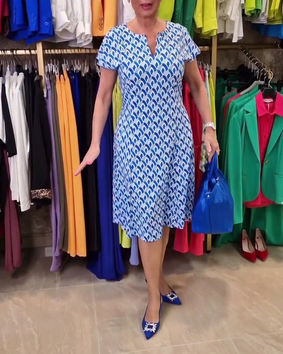 Printed V-neck short-sleeve elegant dress
