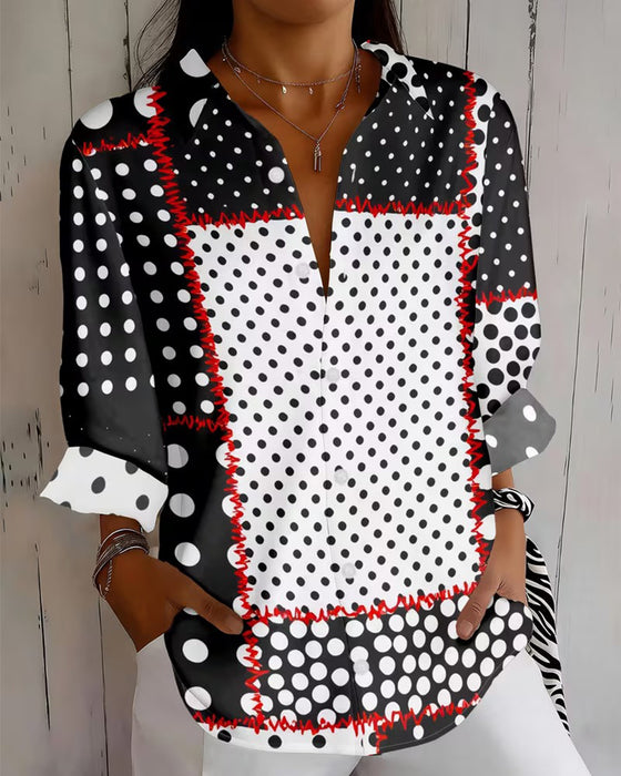 Polka Dot Long Sleeve Color-Block Shirt