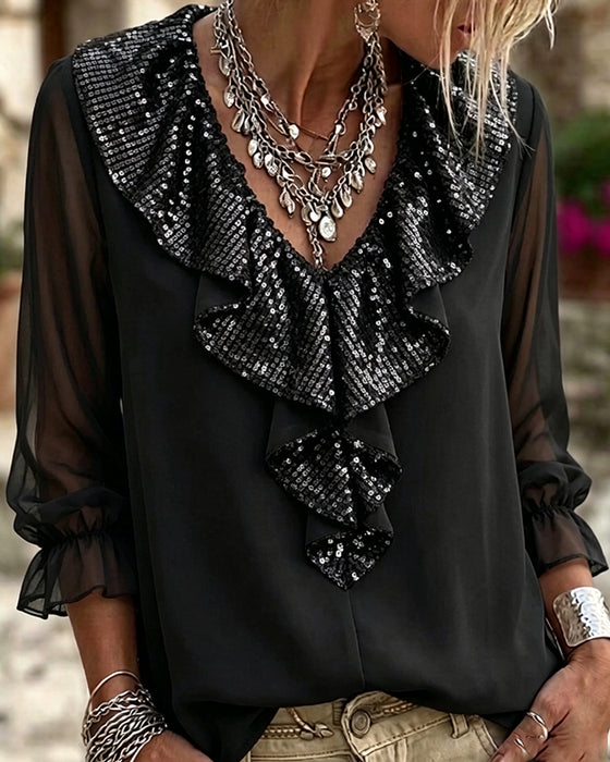 Stylish V-Neck Lace Trim Sheer Blouse