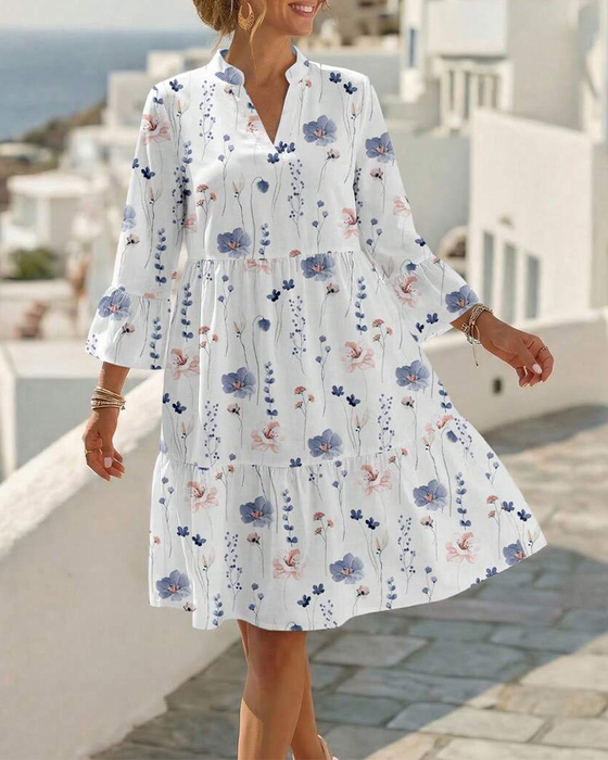 V-Neck Floral Print Midi Dress