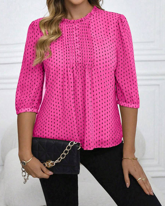 Ruffle Trim Loose Polka Dot Blouse