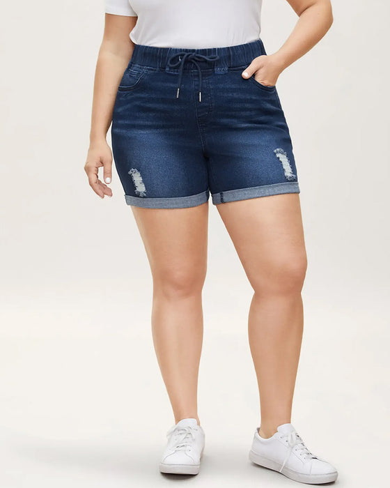 Elastic Waist Ripped Denim Shorts