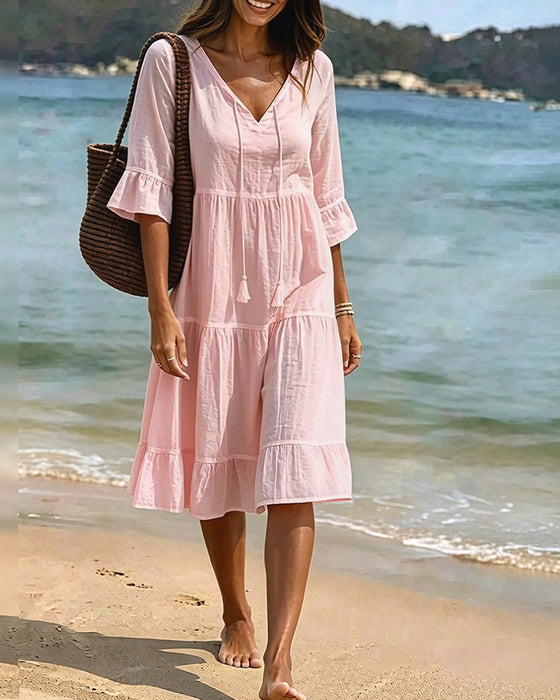 Flared Half Sleeve Tie Waist Dress