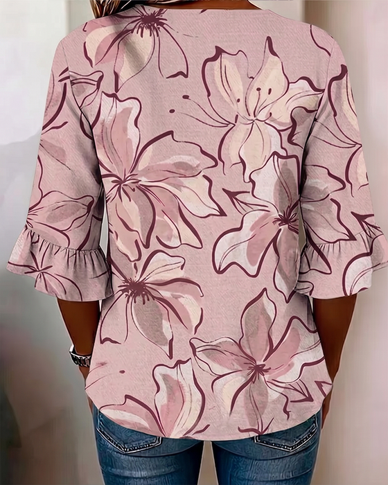 V-Neck Floral Ruffle Three-Quarter Sleeve Blouse